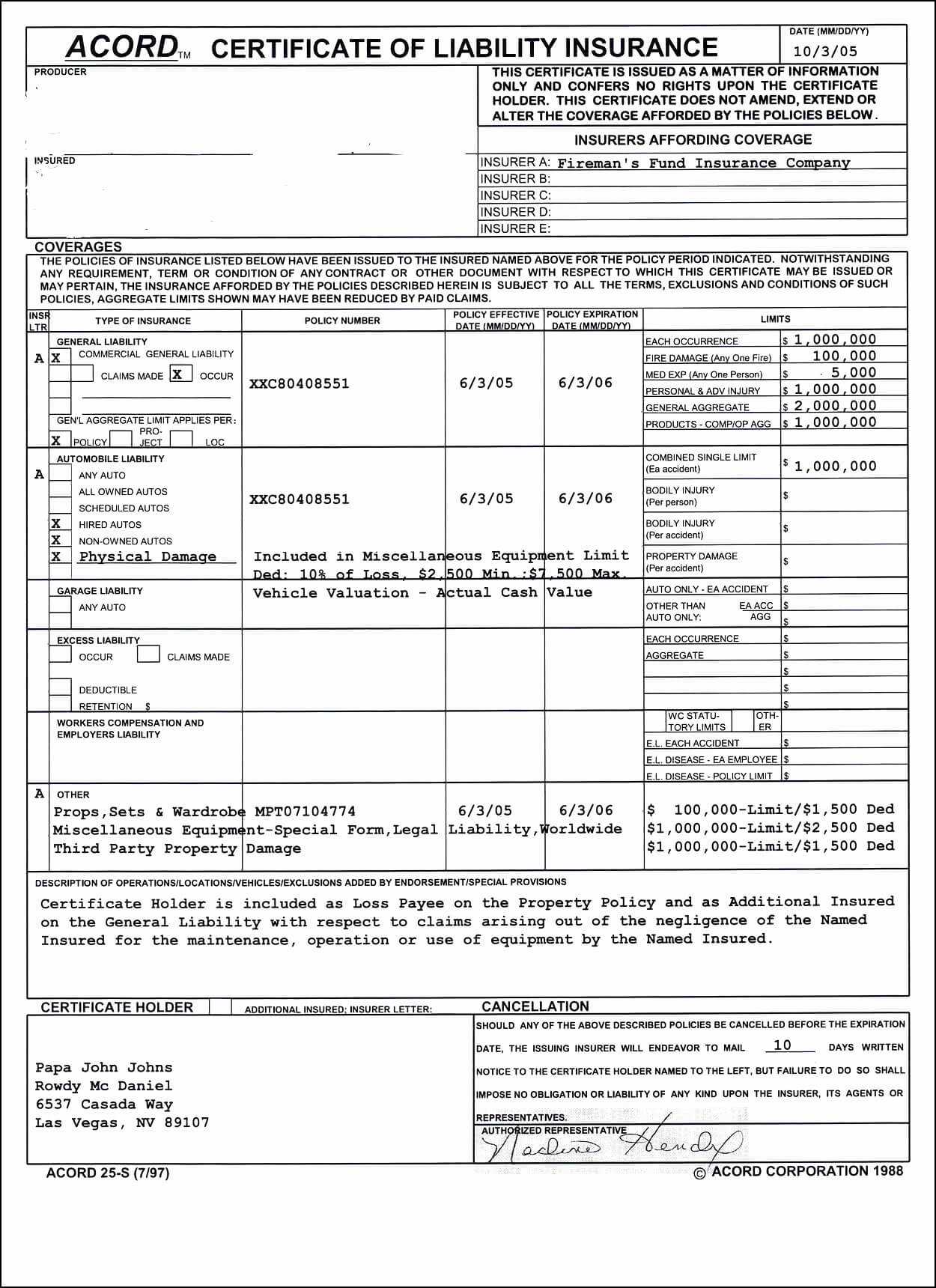 001 Free Acord Certificate Of Liabilitynce Form Lovely Within Certificate Of Insurance Template