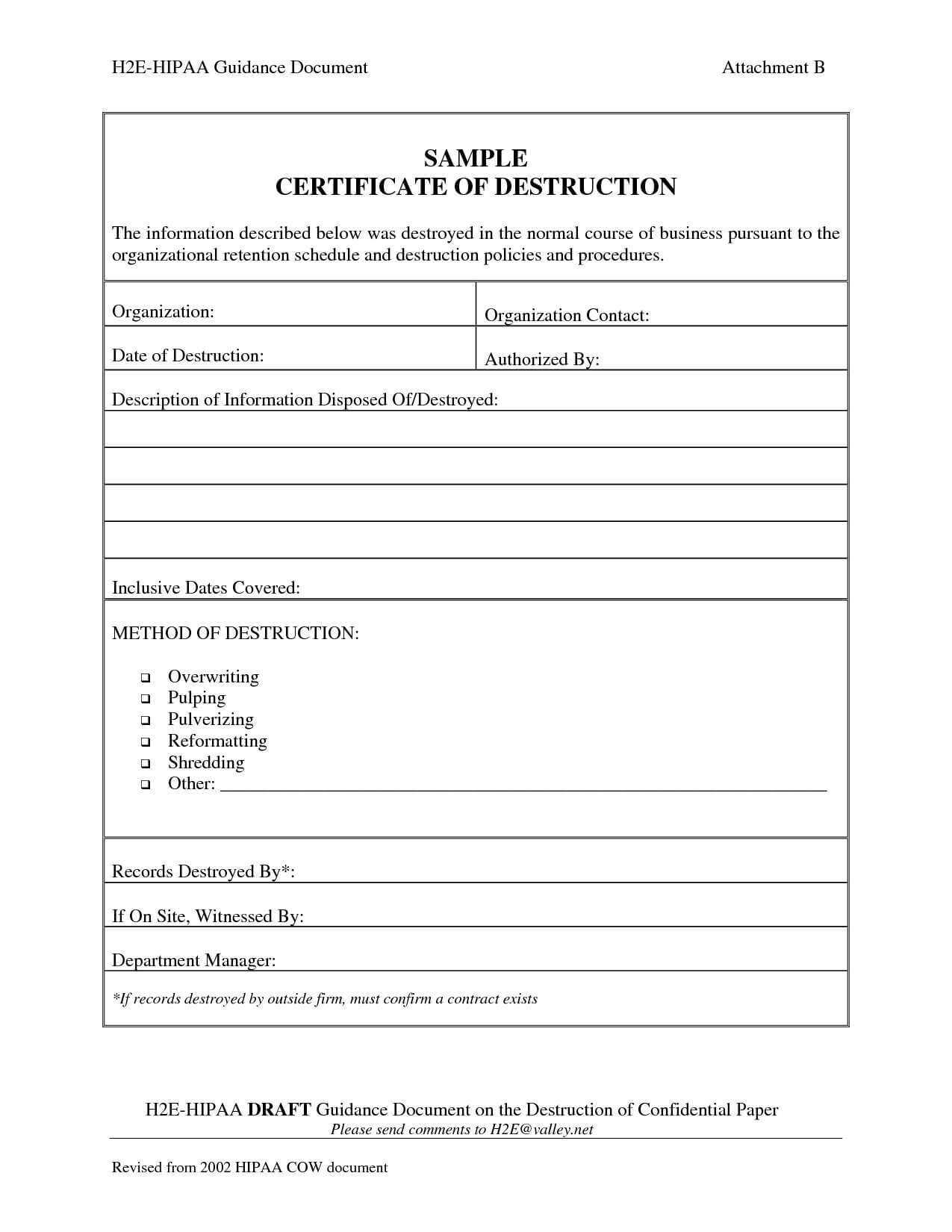 001 Template Ideas Certificate Of Destruction Frightening pertaining to Destruction Certificate Template