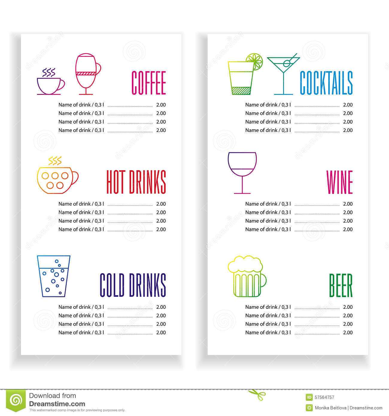 002 Drink Menu Template Free Vertical Color Cocktail Throughout Cocktail Menu Template Word Free