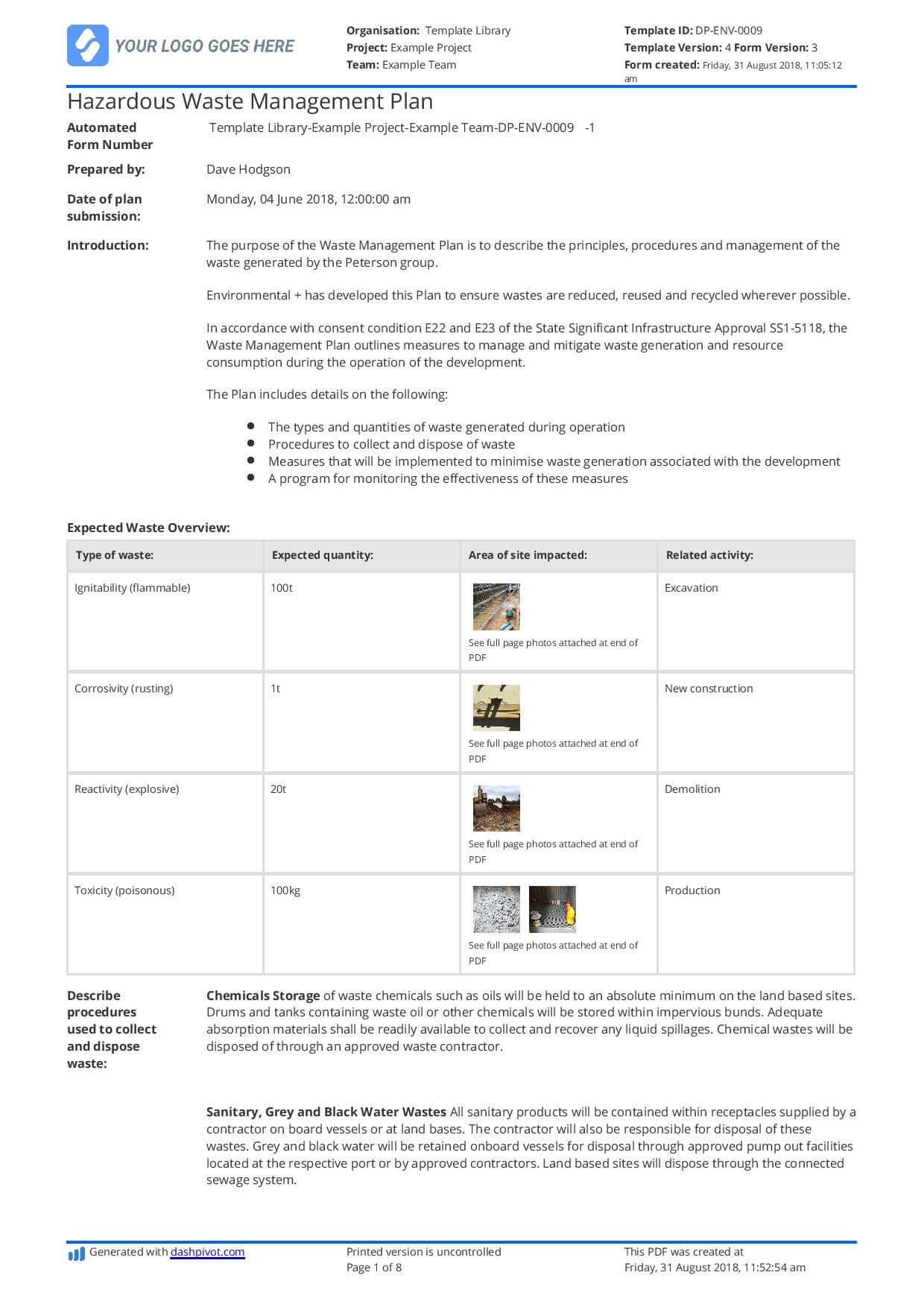 002 Plan Template Hazardous Waste Disposal Management Page Throughout Certificate Of Disposal Template