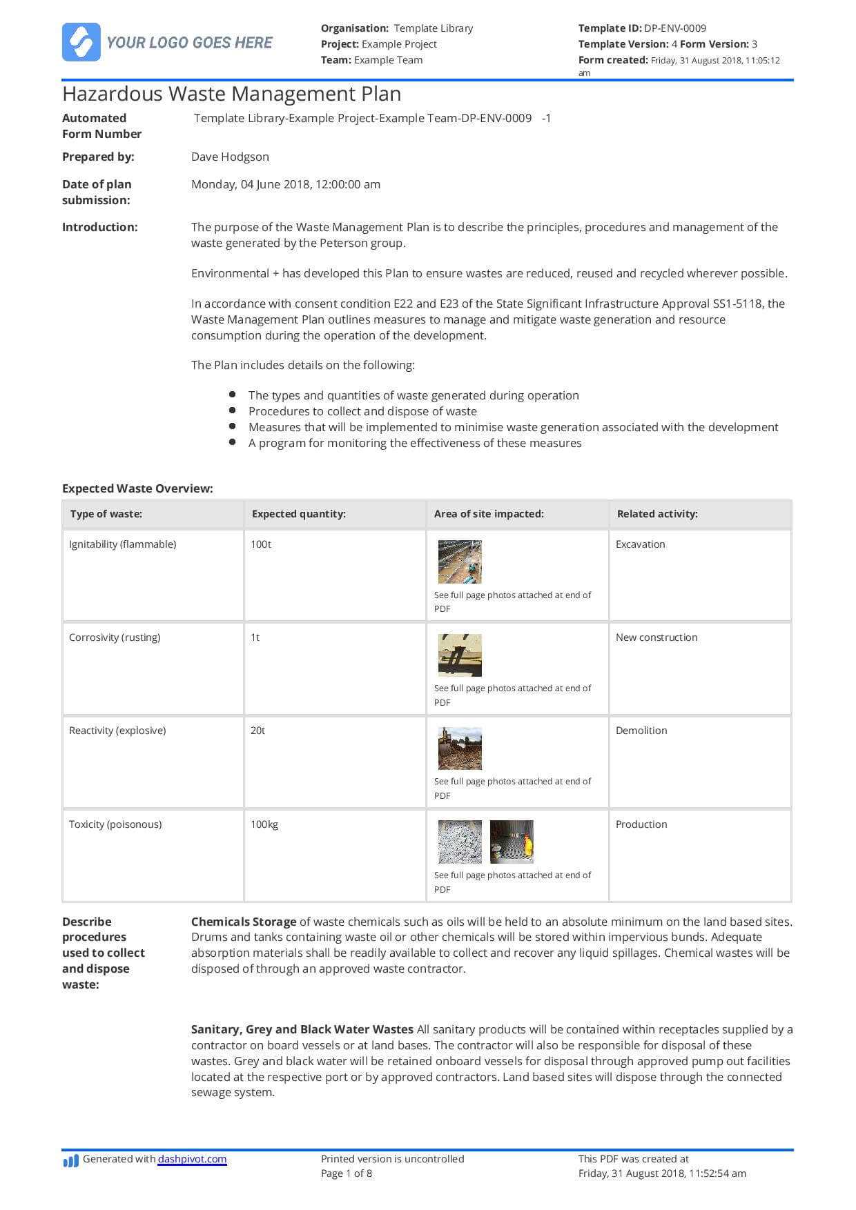 002 Plan Template Hazardous Waste Disposal Management Page Throughout Certificate Of Disposal Template