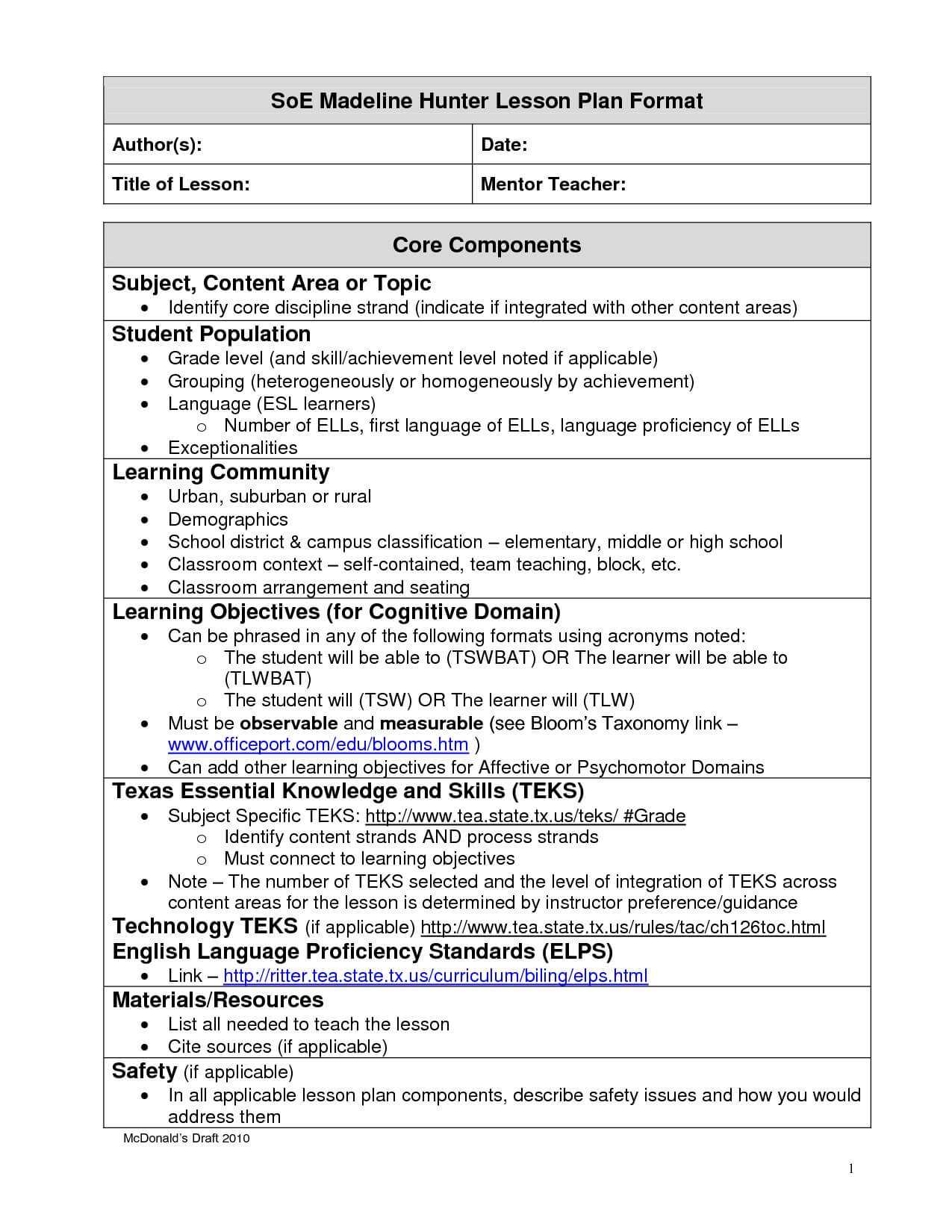 002 Plan Template Lovely Madeline Hunter Lesson Intended For Madeline Hunter Lesson Plan Blank Template