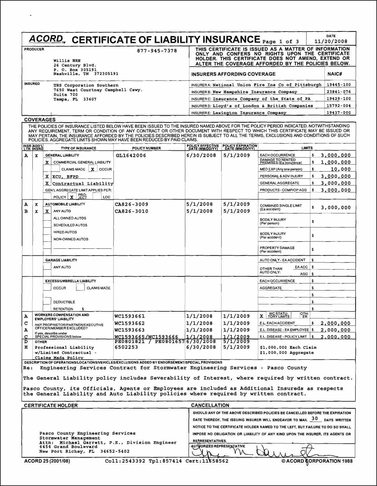 004 Certificate Of Insurance Template Acord Luxury Blank Pertaining To Acord Insurance Certificate Template