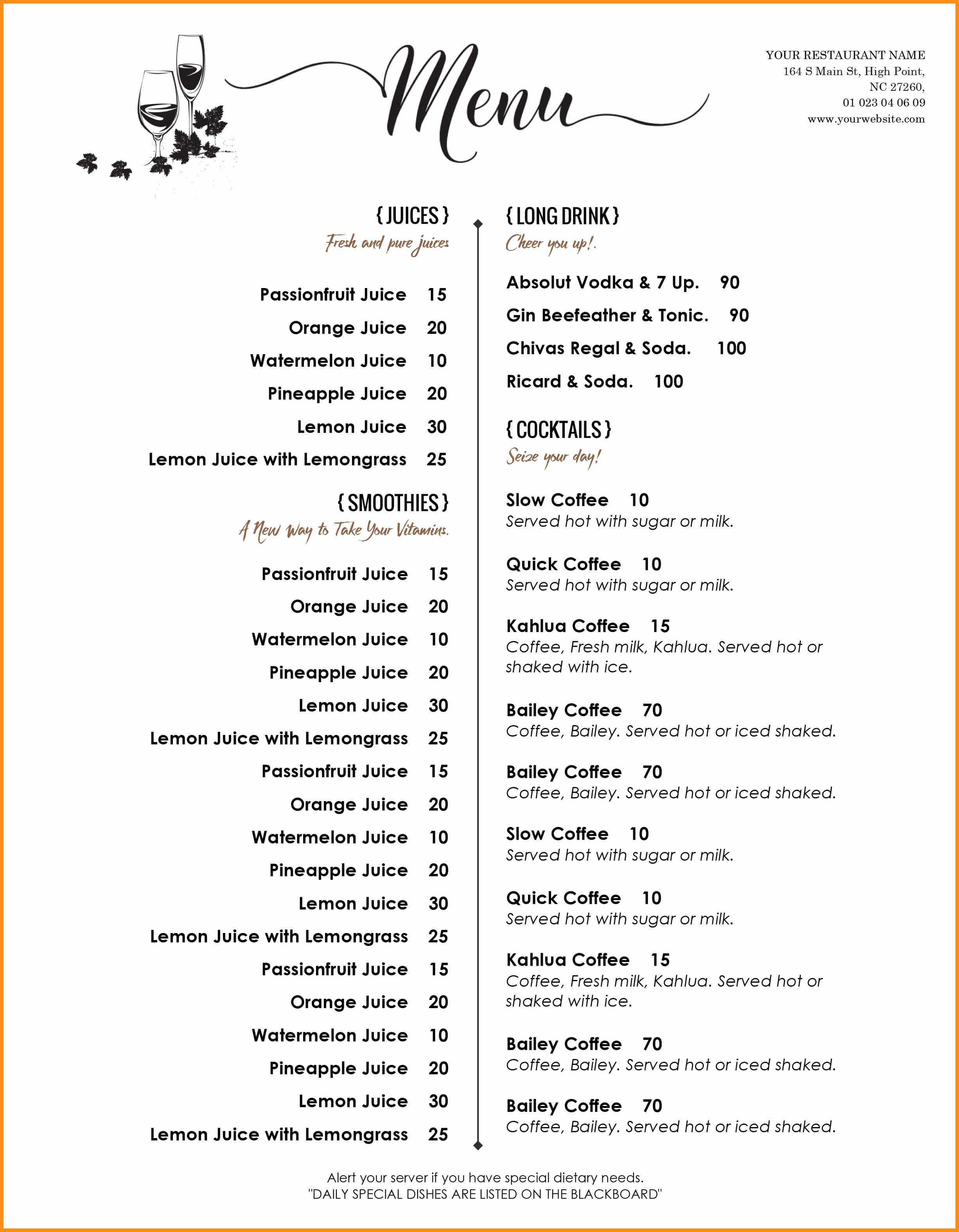 004 Free Printable Drink Menu Template Elegant Templates Within Cocktail Menu Template Word Free