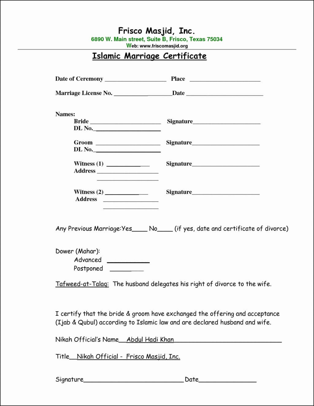 006 Islamic Marriage Certificate Best Of Contract Form Intended For Certificate Of Acceptance Template