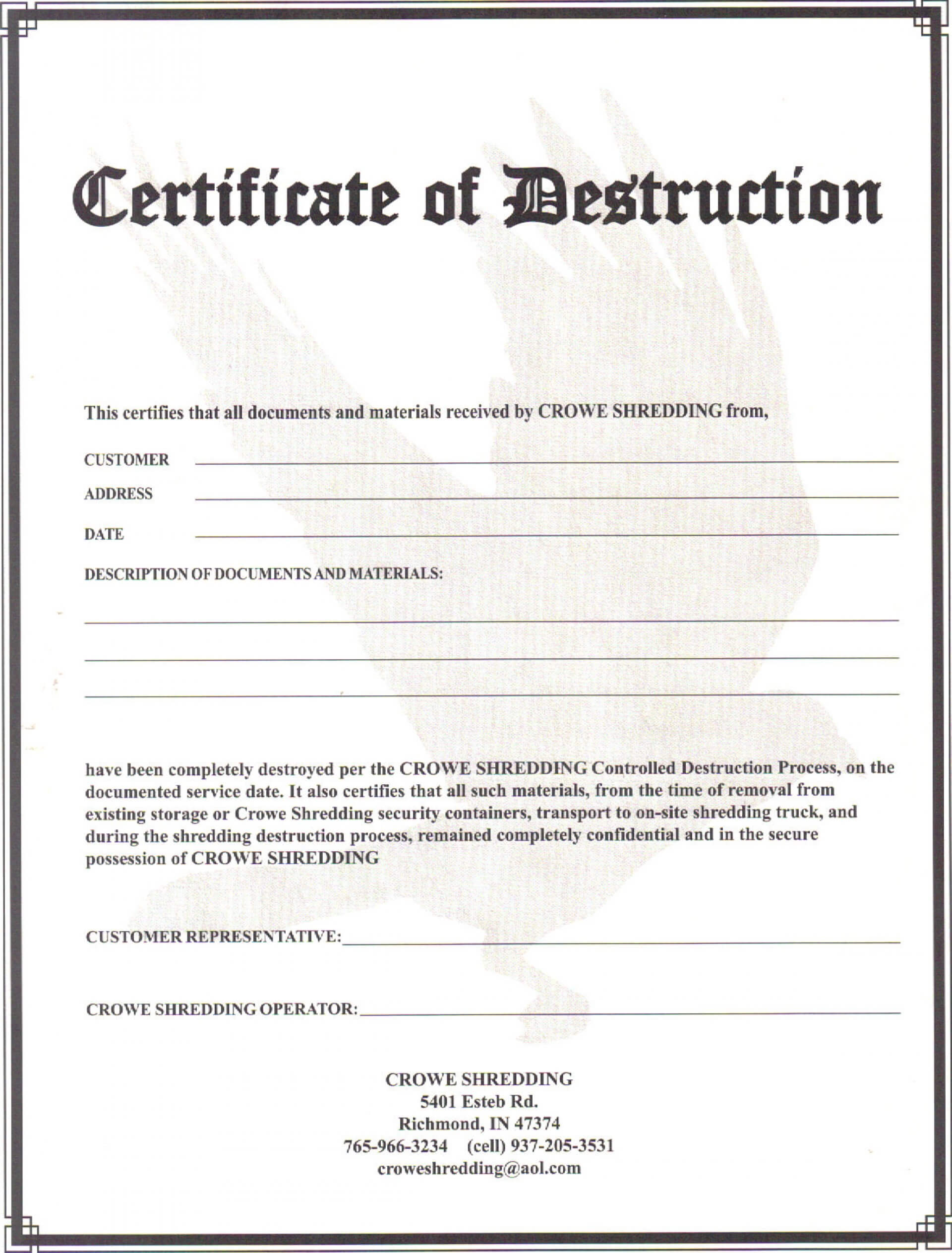 008 Certificate Of Destruction Form 241910 Template With Certificate Of Disposal Template