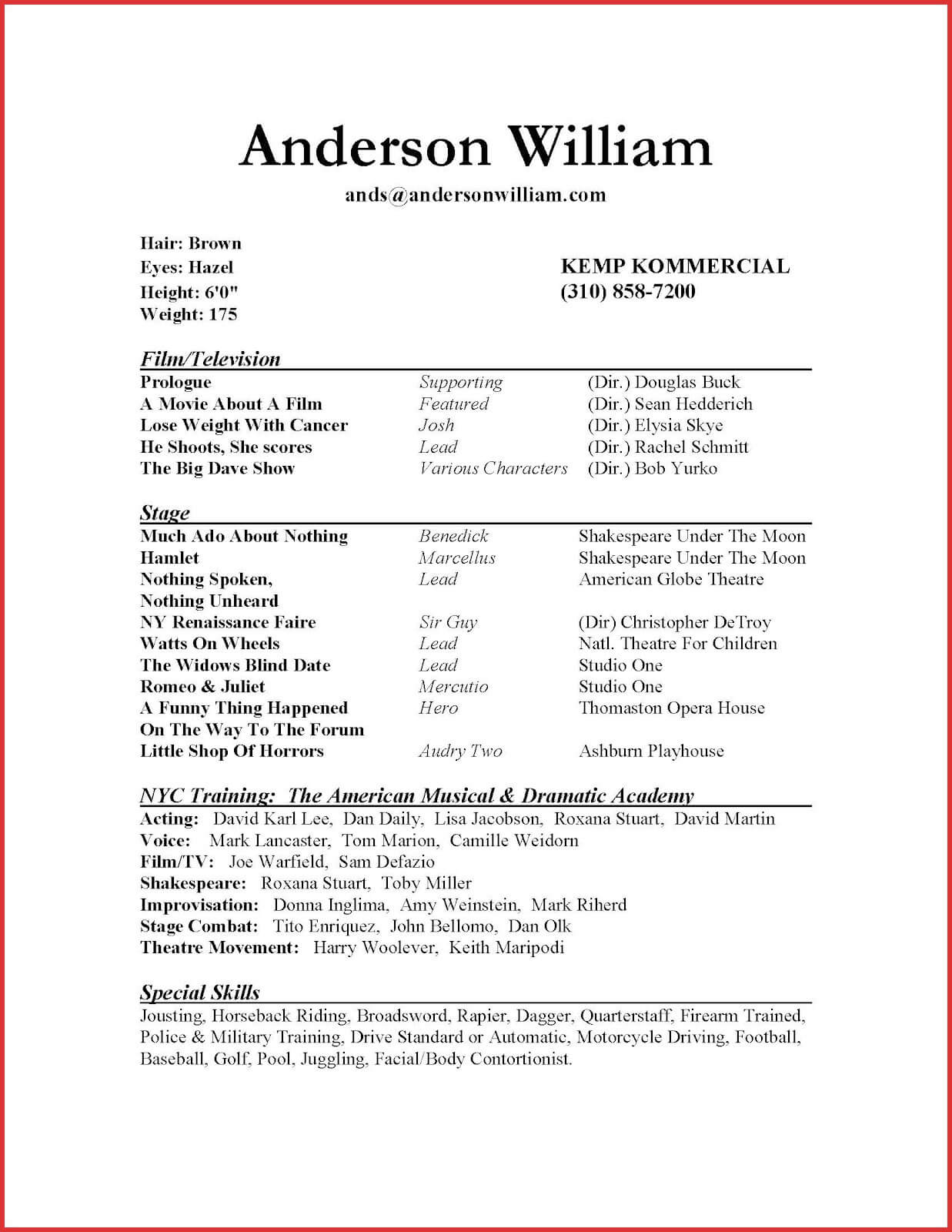 010 Actors Resume Template For Beginners Unique Sample Pertaining To Theatrical Resume Template Word