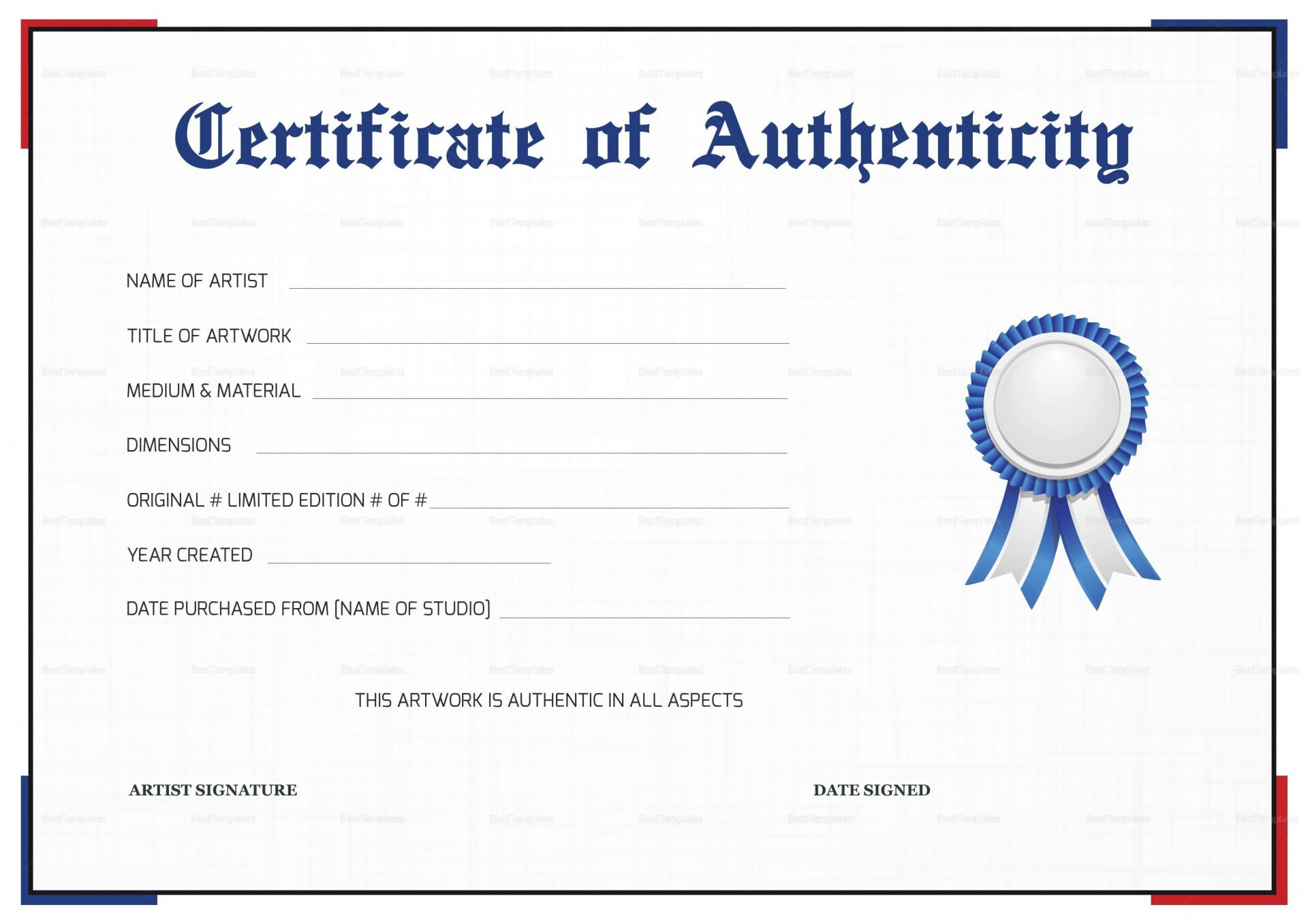 011 Certificate Of Authenticity Artwork Template Resume Art Regarding Art Certificate Template Free