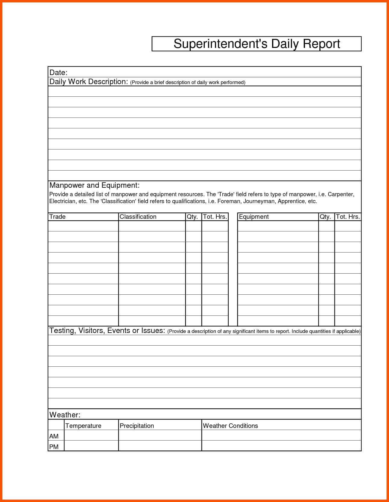 013 Template Ideastruction Daily Report Work Progress Unique Pertaining To Superintendent Daily Report Template