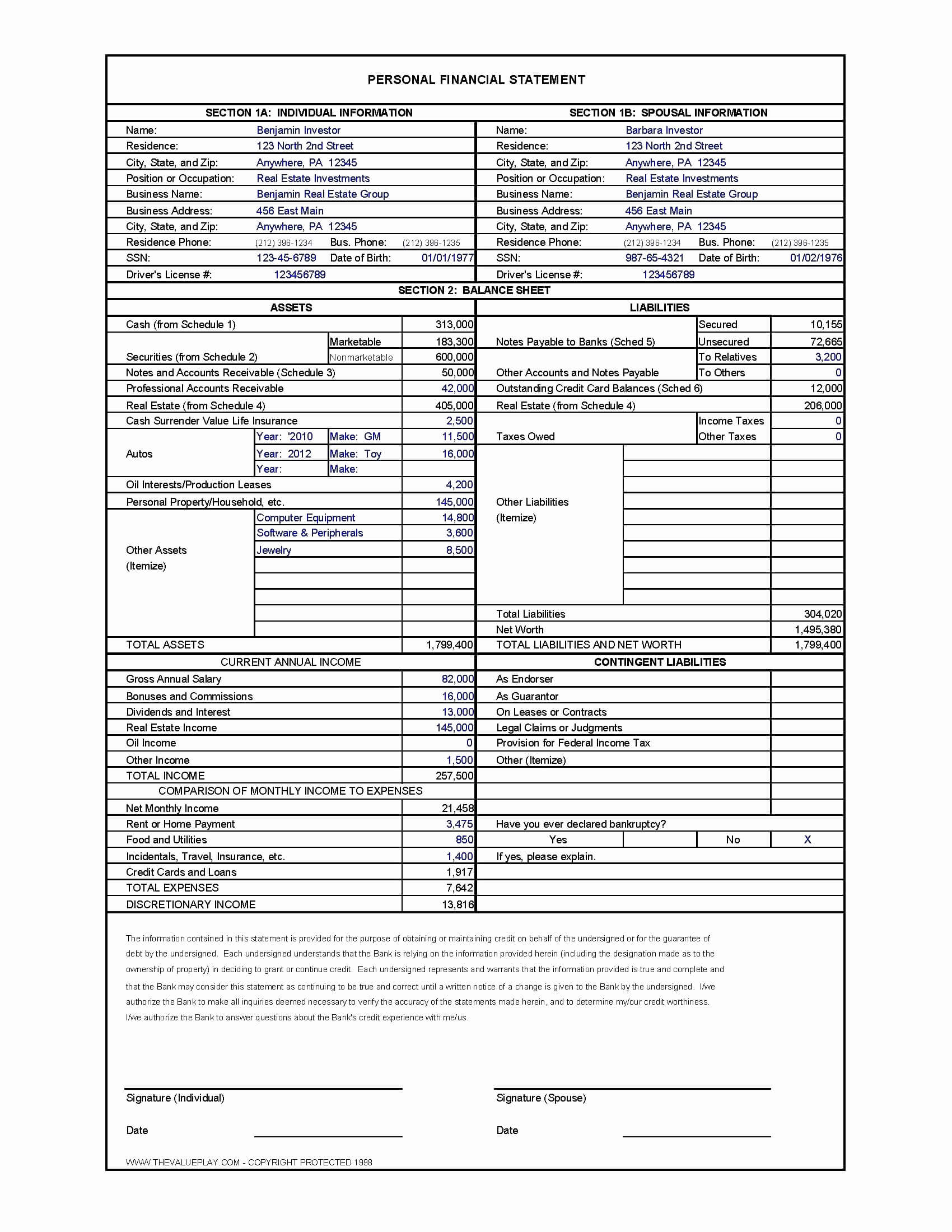 017 Template Ideas Blank Personal Financial Statement Form Inside Blank Personal Financial Statement Template