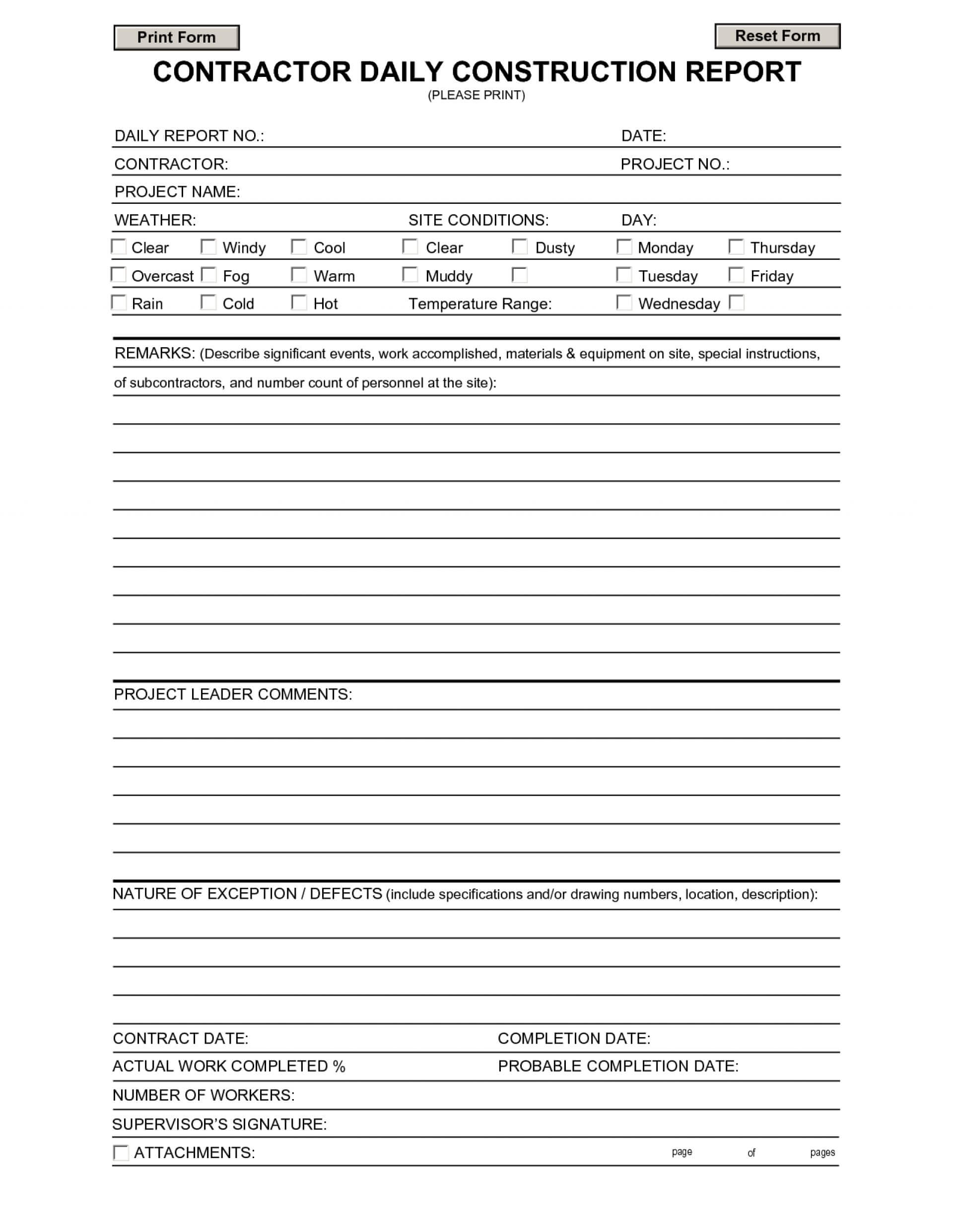 019 Template Ideas Construction Daily Report 20Daily In Building Defect Report Template