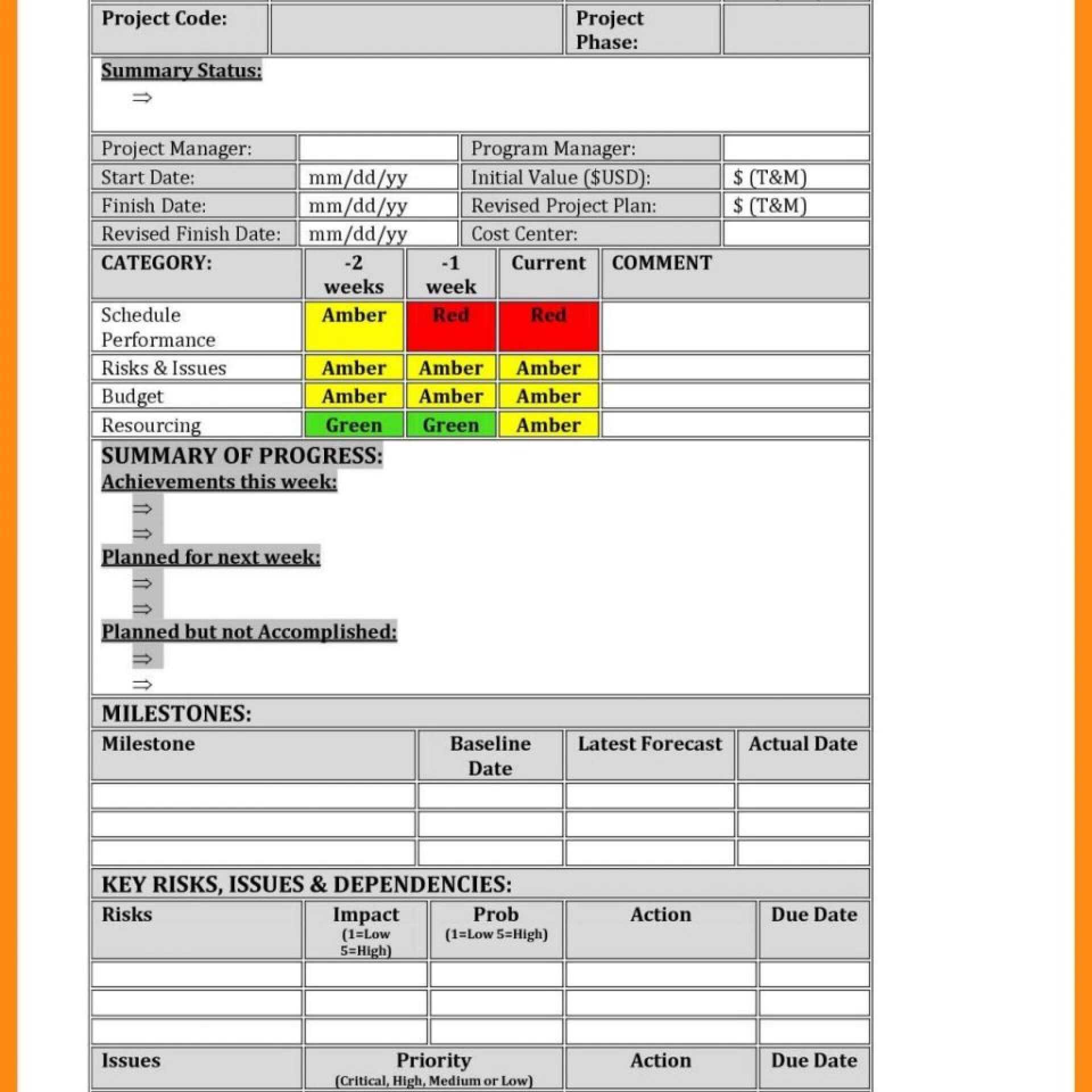 027 Plans Project Status Report Stirring Plan Template Throughout Baseline Report Template