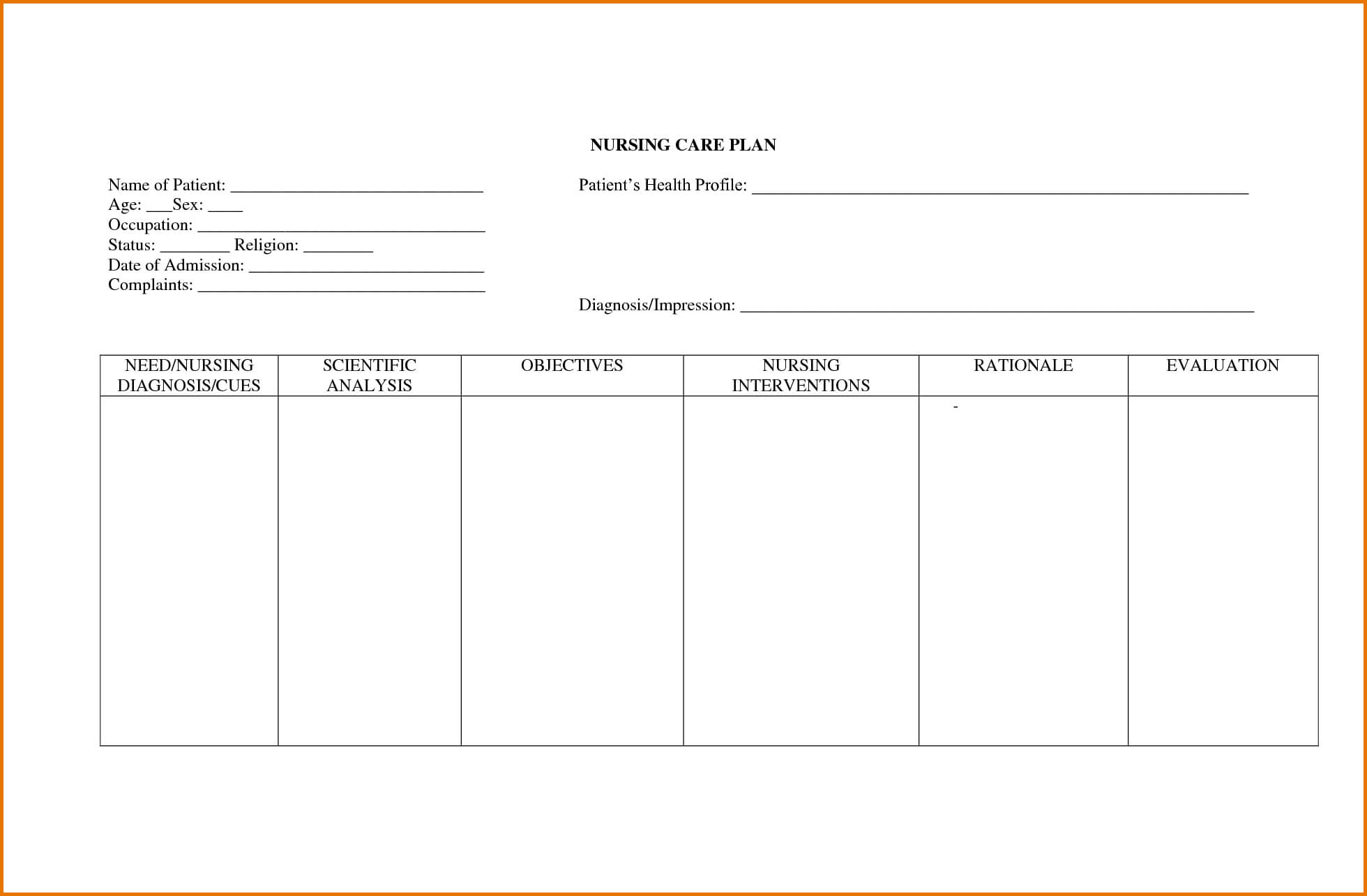 036 Blank Nursing Care Plan 63134S Magnificent Template Regarding Nursing Care Plan Templates Blank