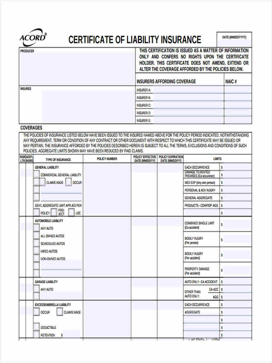 10 Liability Insurance Form Samples – Free Sample, Example Throughout Certificate Of Liability Insurance Template