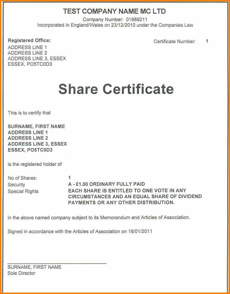 template for share certificate - Ficim Throughout Share Certificate Template Companies House