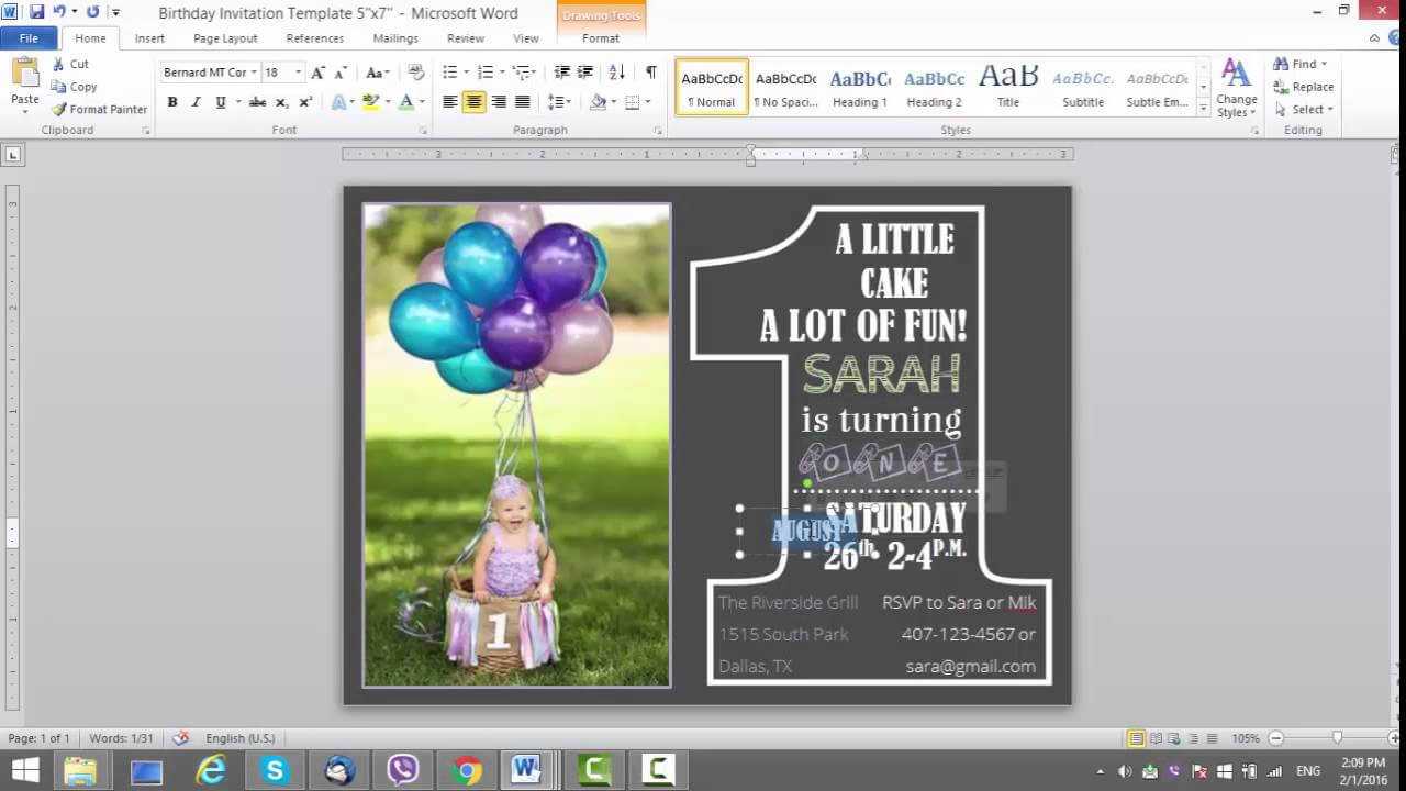 1St Birthday Invitation Template For Ms Word Intended For Microsoft Word Birthday Card Template