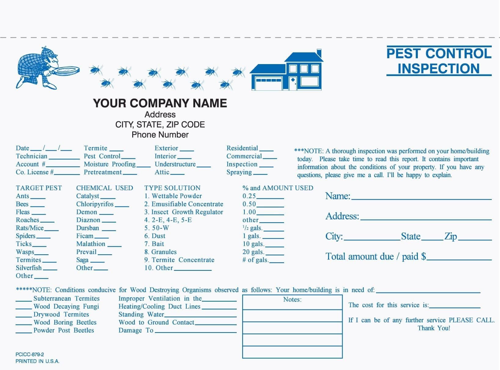 2 Part Pest Control Inspection Form, Carbonless, 8 1/2" X 5 Within Pest Control Inspection Report Template