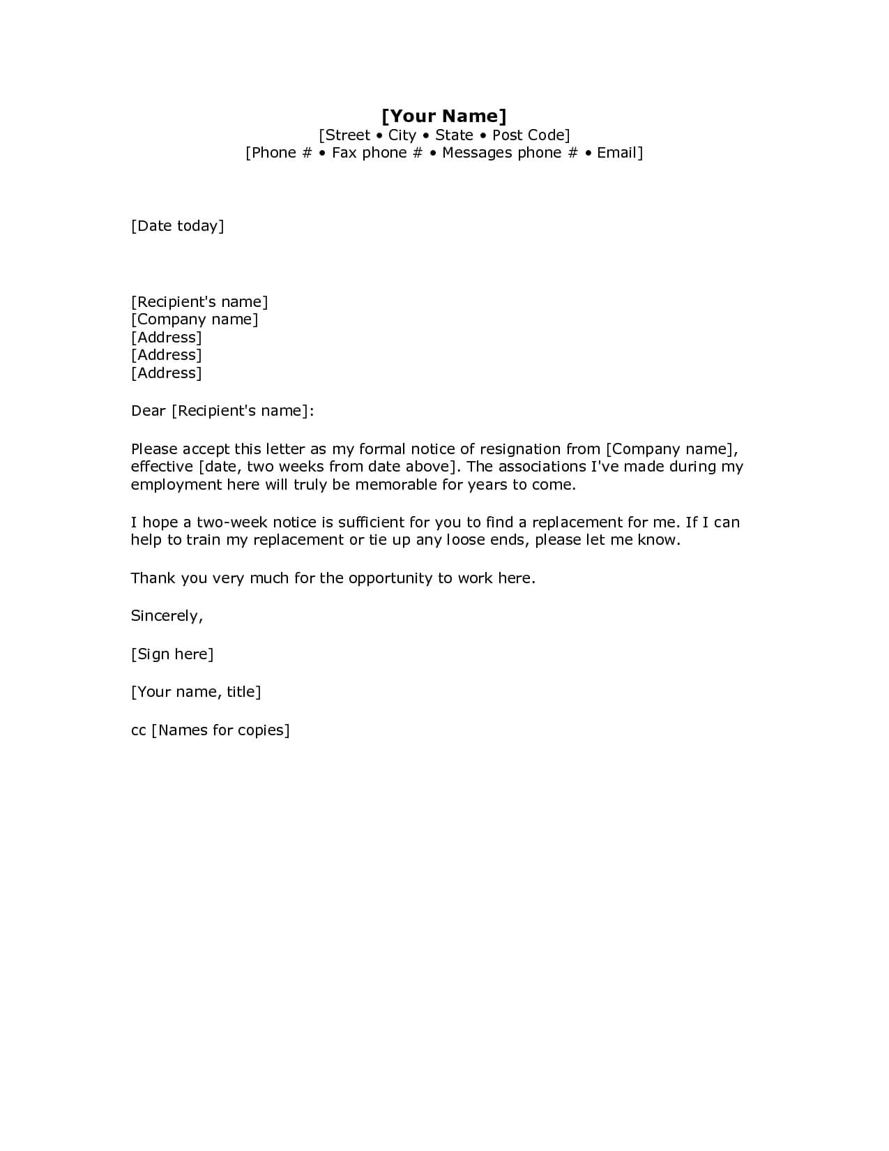 2 Weeks Notice Letter Resignation Week Words Hdwriting Of With Regard To Two Week Notice Template Word