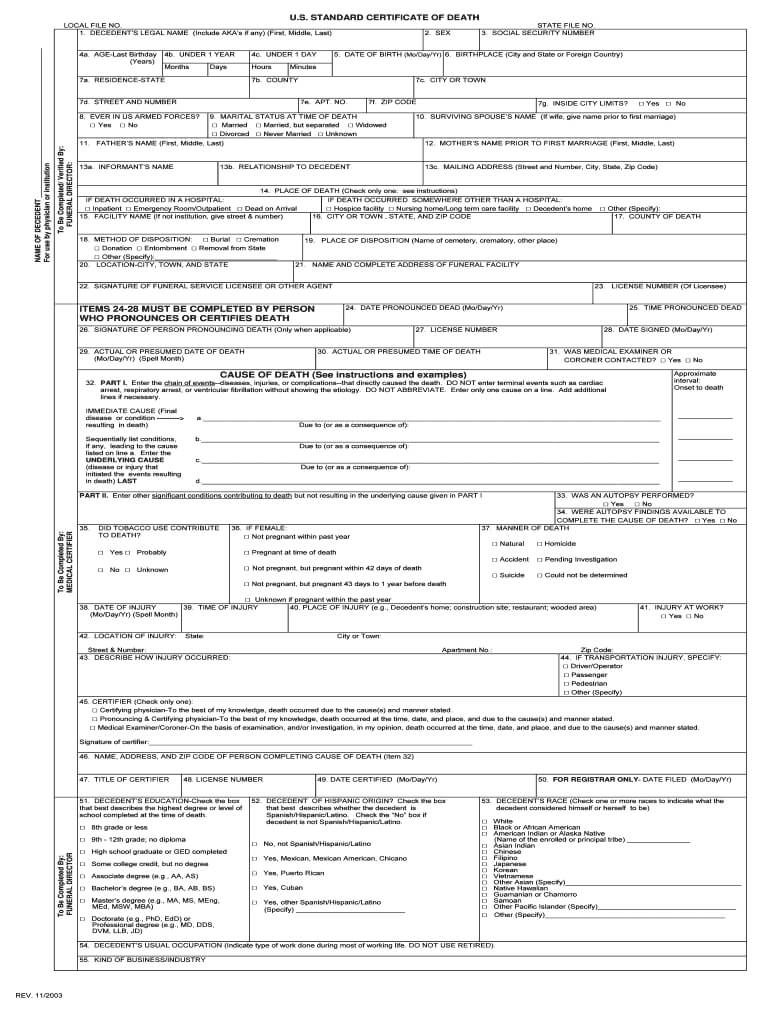 2003 2019 Form Us Standard Certificate Of Death Fill Online In Baby Death Certificate Template