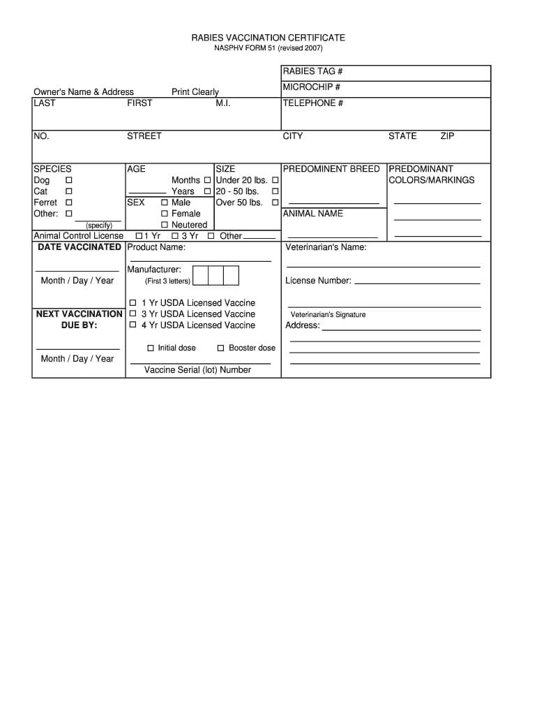 2007 2019 Cdc Nasphv Form 51 Fill Online, Printable Throughout Rabies Vaccine Certificate Template