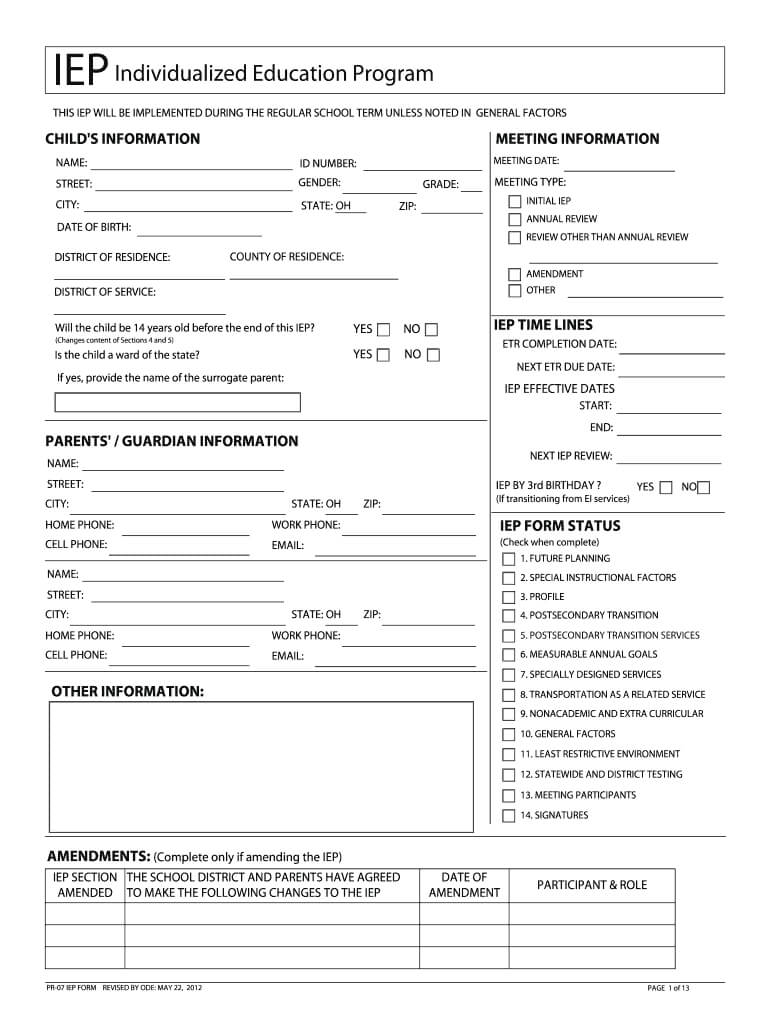 2012 2019 Form Oh Pr 07 Iep Fill Online, Printable, Fillable Throughout Blank Iep Template