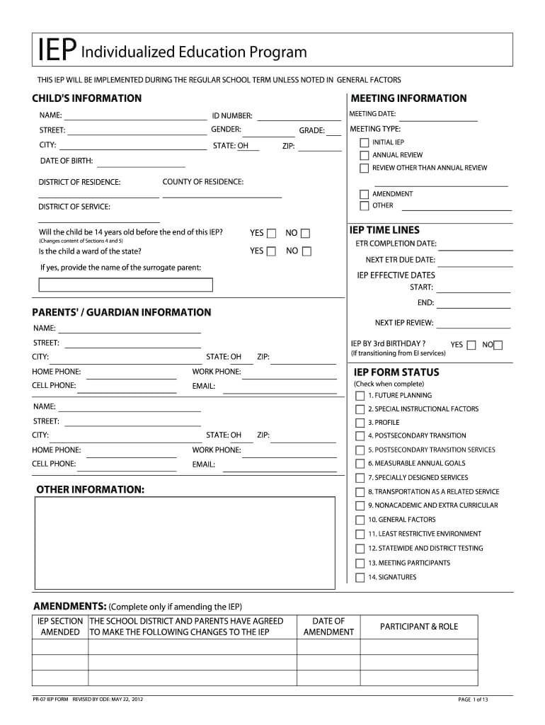 2012 2019 Form Oh Pr 07 Iep Fill Online, Printable, Fillable Throughout Blank Iep Template