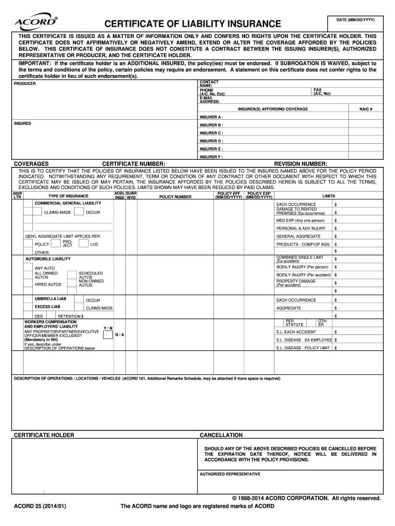2014 2019 Form Acord 25 Fill Online, Printable, Fillable Throughout Certificate Of Liability Insurance Template