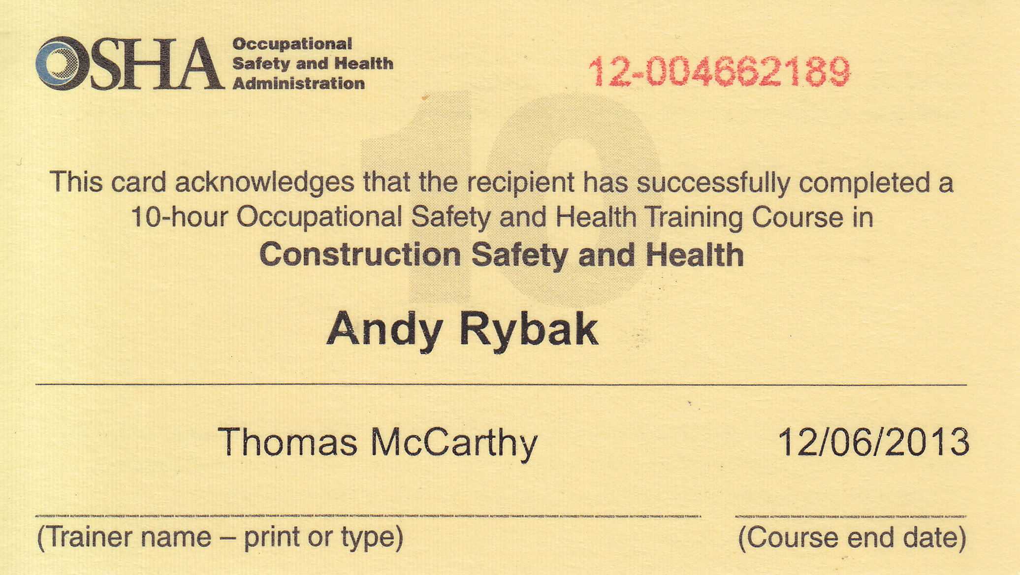 Printable Blank Osha 10 Card
