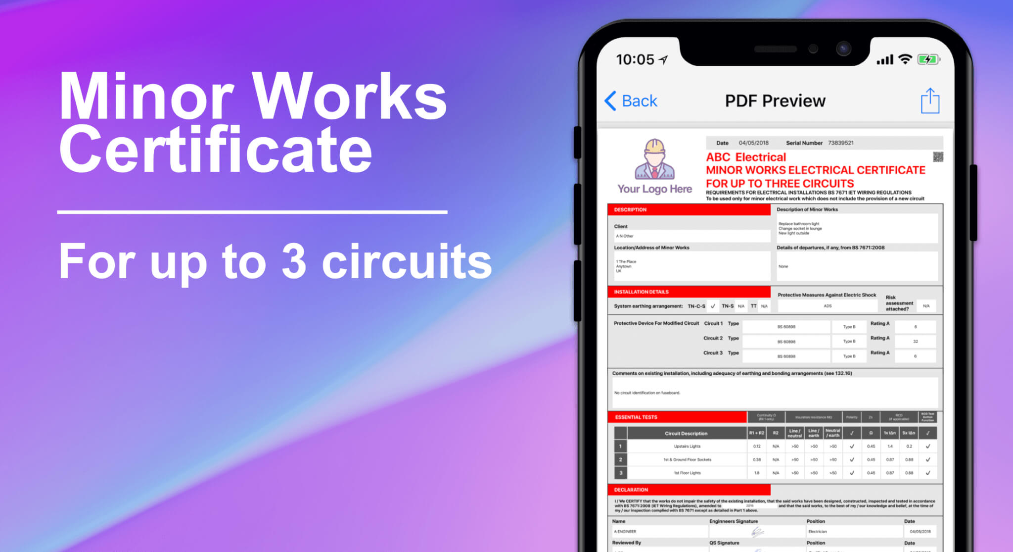 3 Circuit Minor Works Electrical Certificate – Icertifi With Regard To Electrical Minor Works Certificate Template