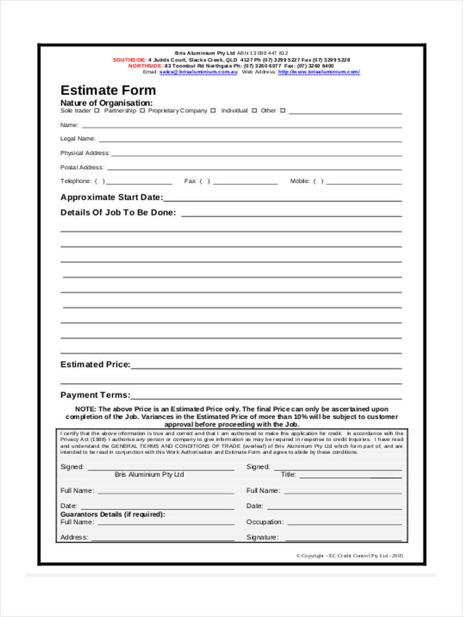 39+ Sample Estimate Form Throughout Blank Estimate Form Template