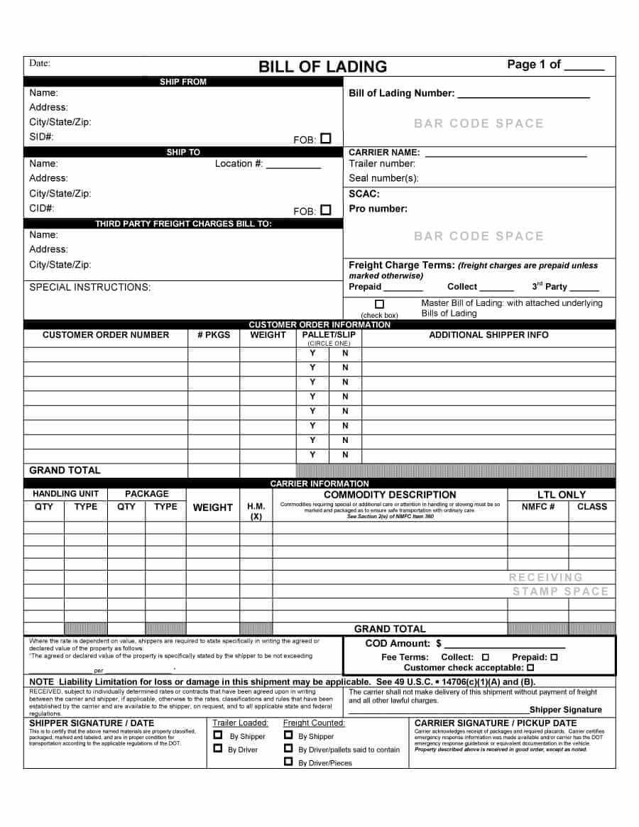 40 Free Bill Of Lading Forms &amp; Templates ᐅ Template Lab intended for Blank Bol Template