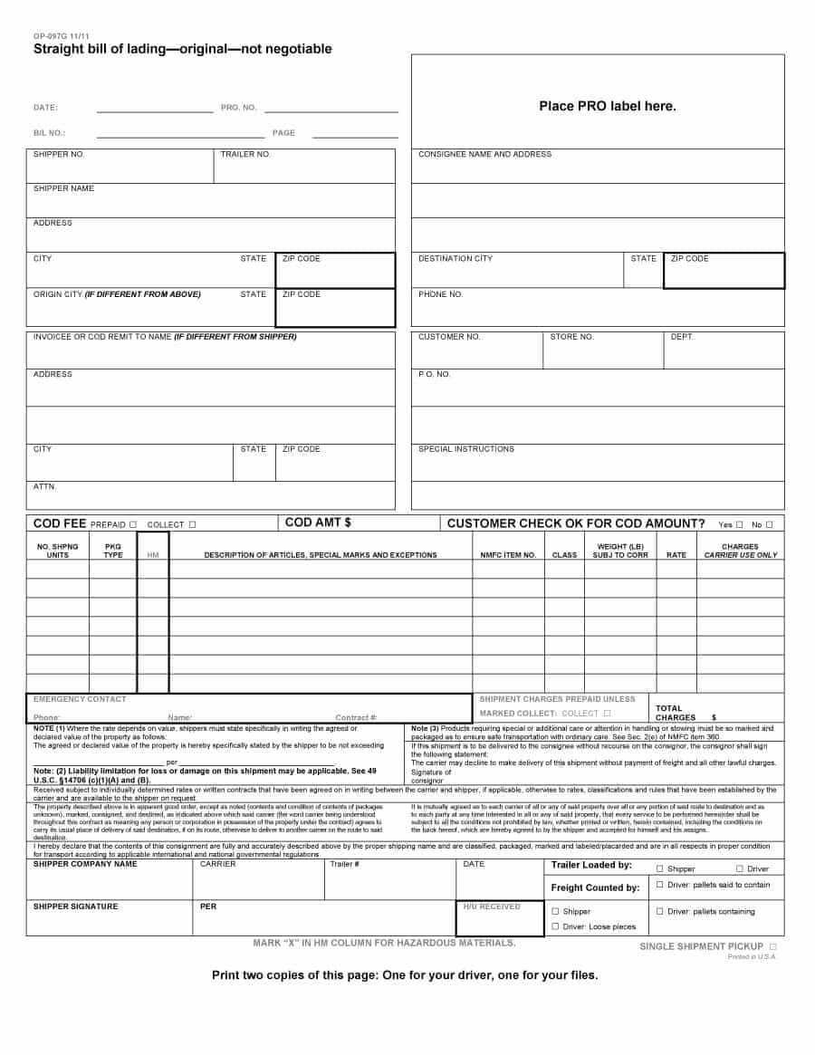 40 Free Bill Of Lading Forms & Templates ᐅ Template Lab Regarding Blank Bol Template