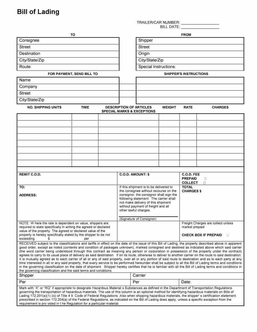 40 Free Bill Of Lading Forms & Templates ᐅ Template Lab With Regard To Blank Bol Template