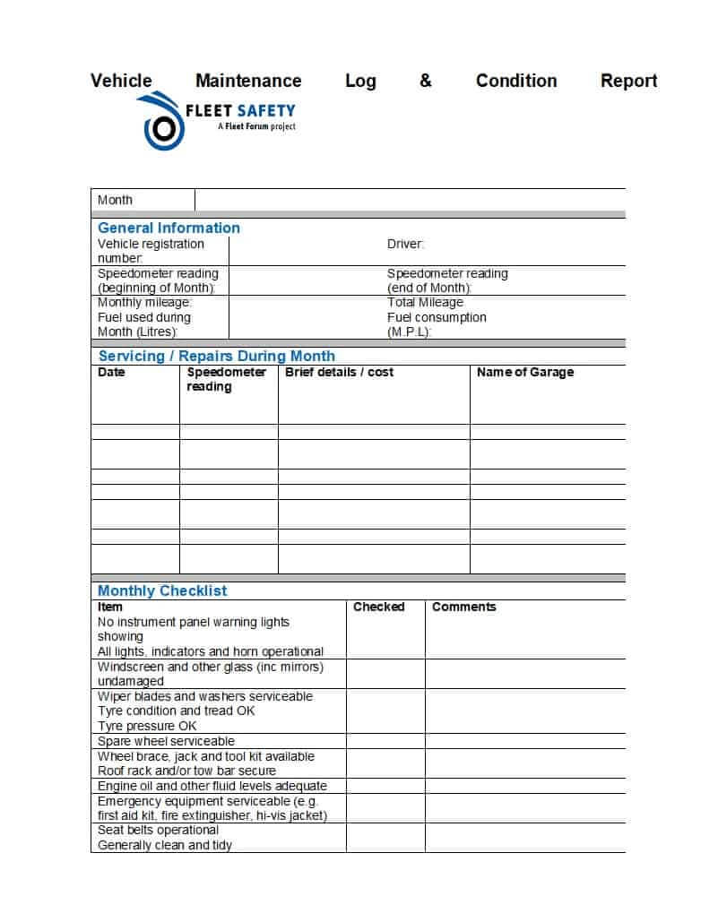 40 Printable Vehicle Maintenance Log Templates ᐅ Template Lab With Fleet Management Report Template
