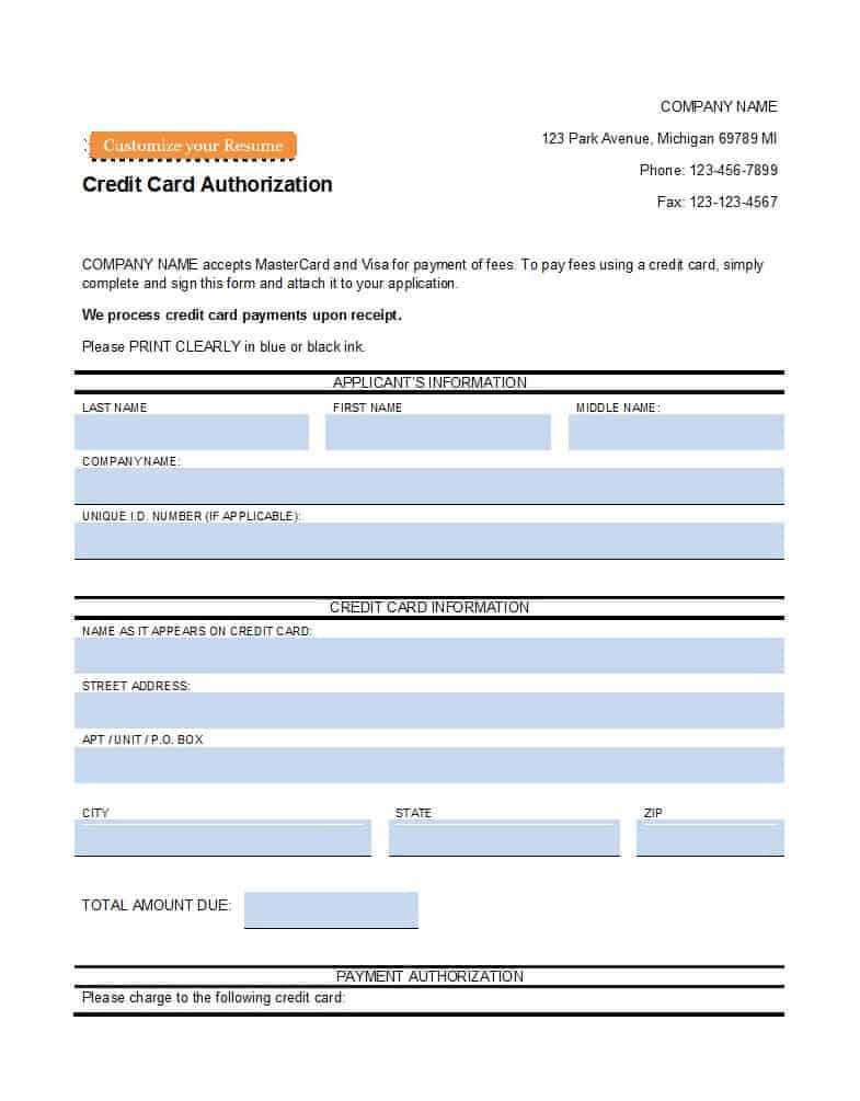 41 Credit Card Authorization Forms Templates {Ready To Use} Pertaining To Credit Card On File Form Templates