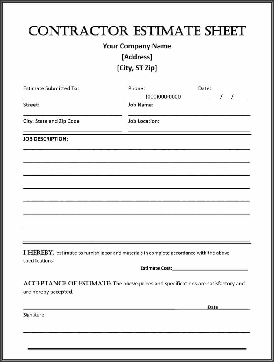 44 Free Estimate Template Forms [Construction, Repair With Regard To Blank Estimate Form Template
