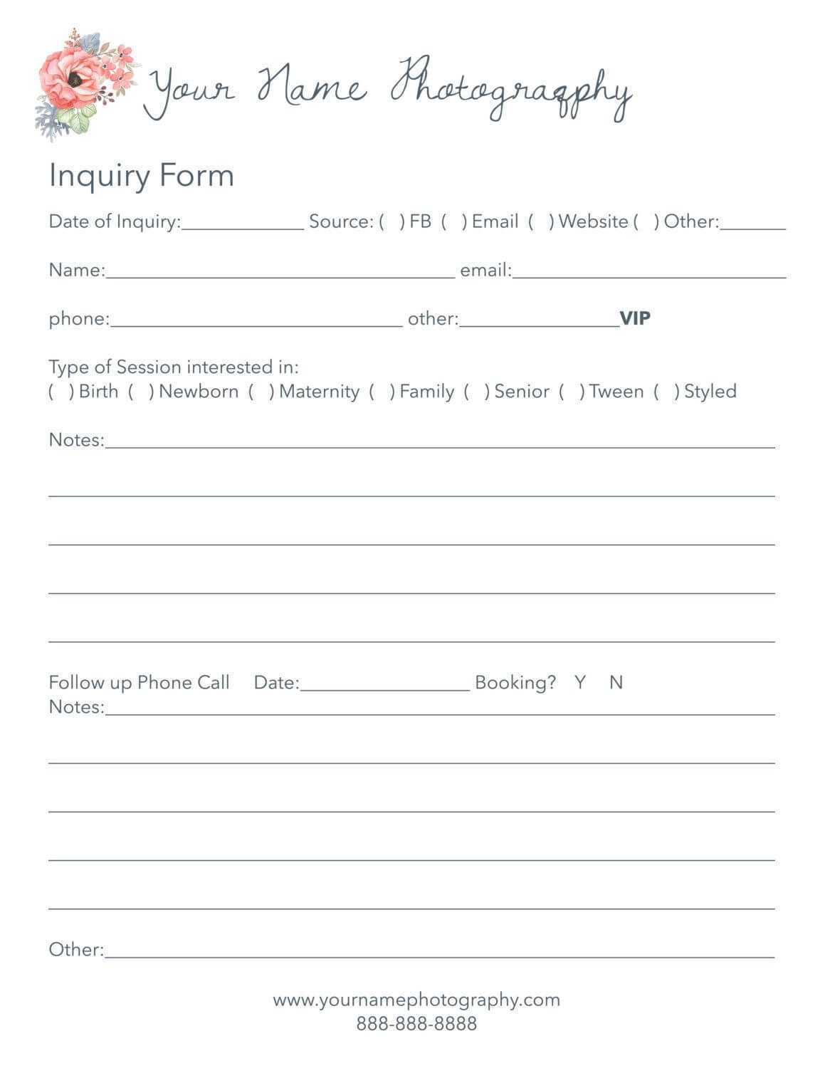 $5.00 Photography Inquiry Form, Inquiry Log, Client Log. Intended For Enquiry Form Template Word