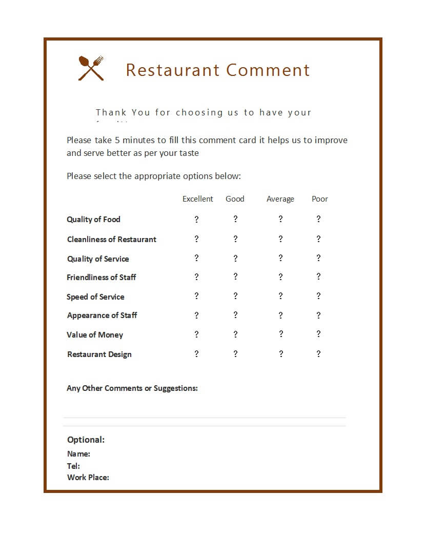 50 Printable Comment Card & Feedback Form Templates ᐅ With Regard To Restaurant Comment Card Template