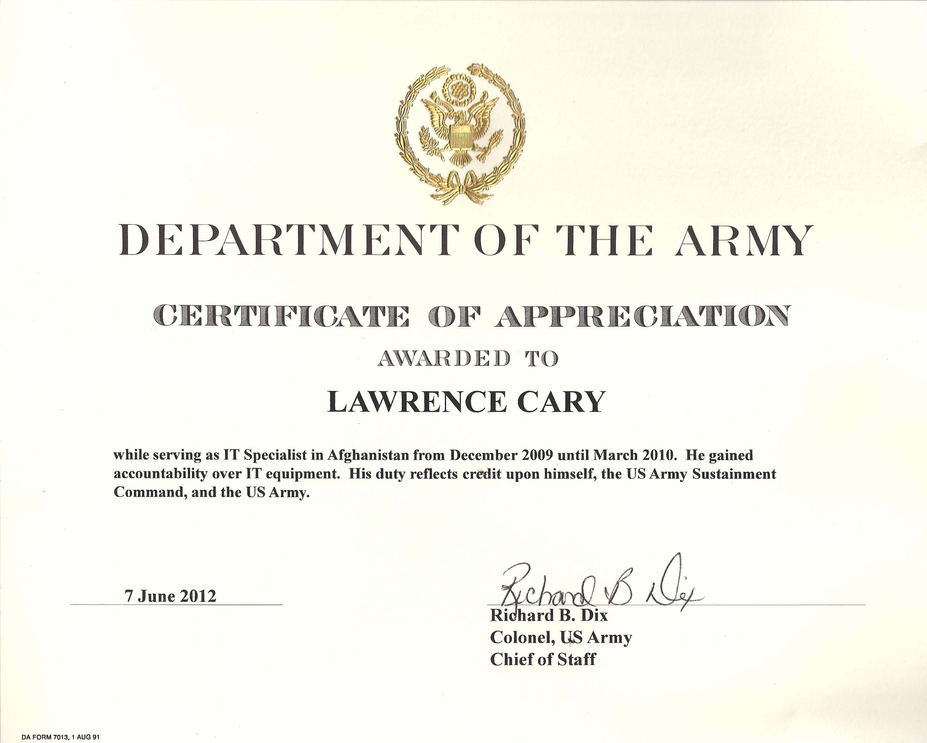 6+ Army Appreciation Certificate Templates - Pdf, Docx Regarding Certificate Of Achievement Army Template