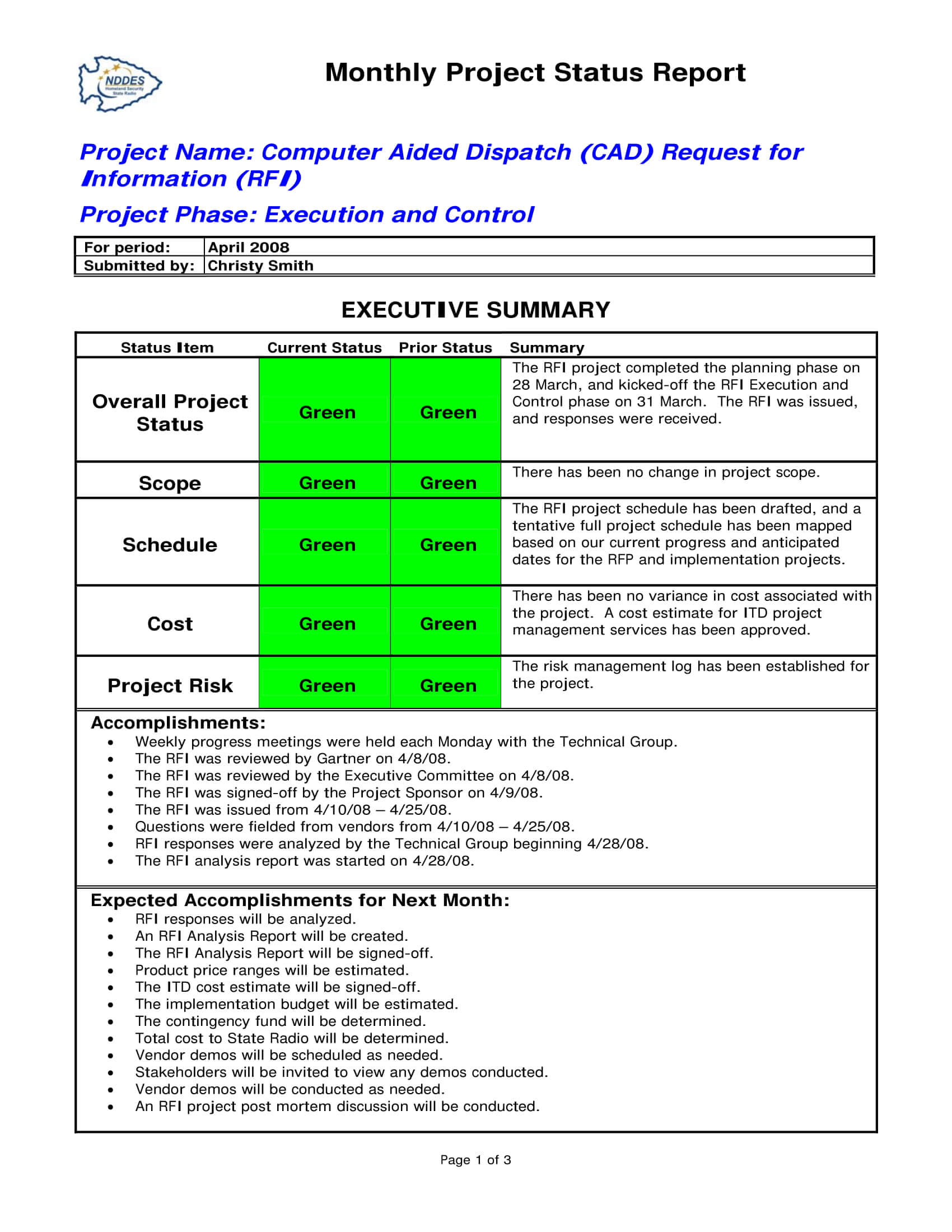 9+ Status Report Examples – Doc, Pdf | Examples Pertaining To Monthly Status Report Template