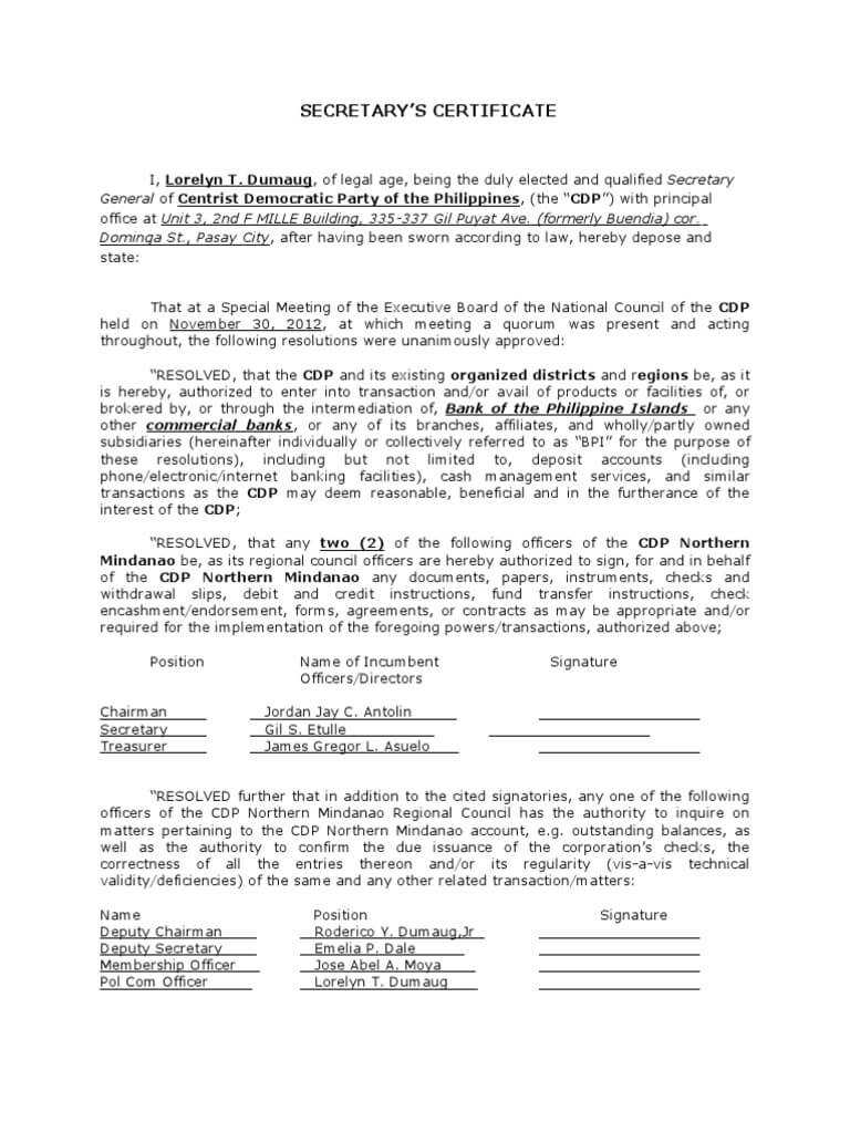 91 How To Write Notarized Board Resolution Sample Pertaining To Corporate Secretary Certificate Template