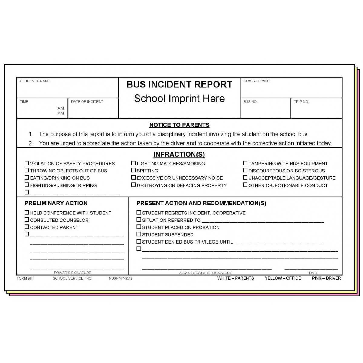 98F – Bus Incident Report W/school Imprint For School Incident Report Template