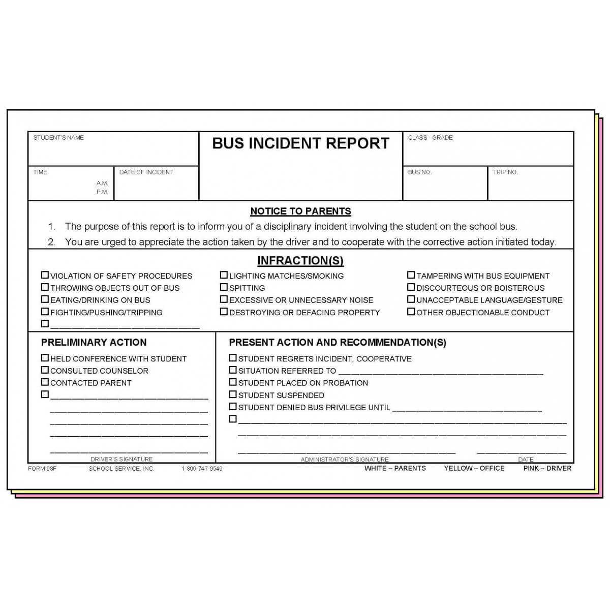 98F – Bus Incident Report With School Incident Report Template