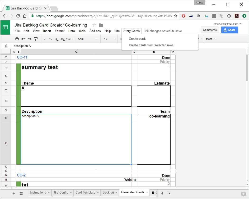 A Backlog Item Card Creator In Google Sheets | Co Learning.be In Agile Story Card Template