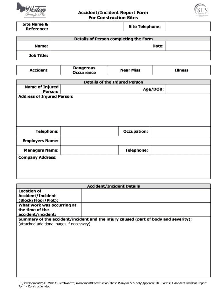 Accident Report Of Construction Site – Fill Online In Construction Accident Report Template