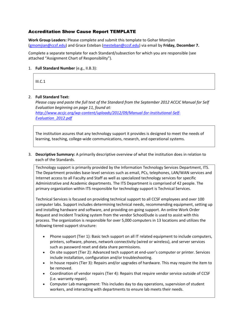 Accreditation Show Cause Report Template Work Group Leaders With Technical Support Report Template