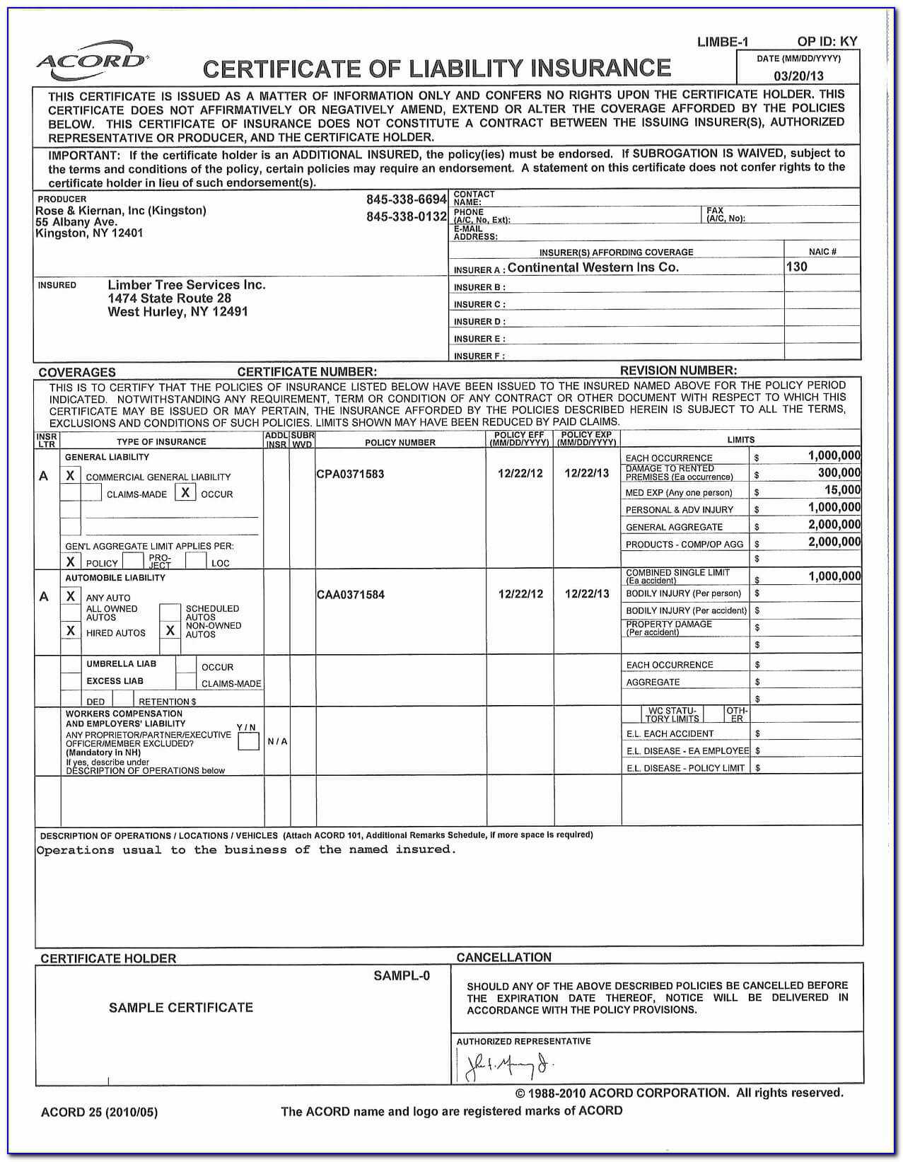 Acord Certificate Of Liability Insurance Inspirational Inside Certificate Of Liability Insurance Template