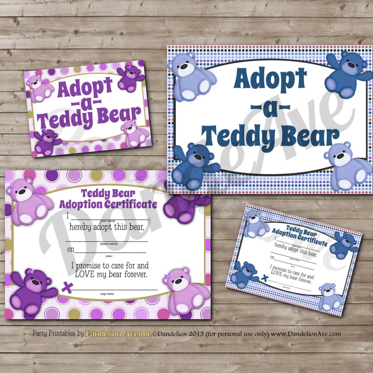 Adopt A Teddy Bear Adoption Certificate And Sign Set – Purple & Blue Pertaining To Toy Adoption Certificate Template