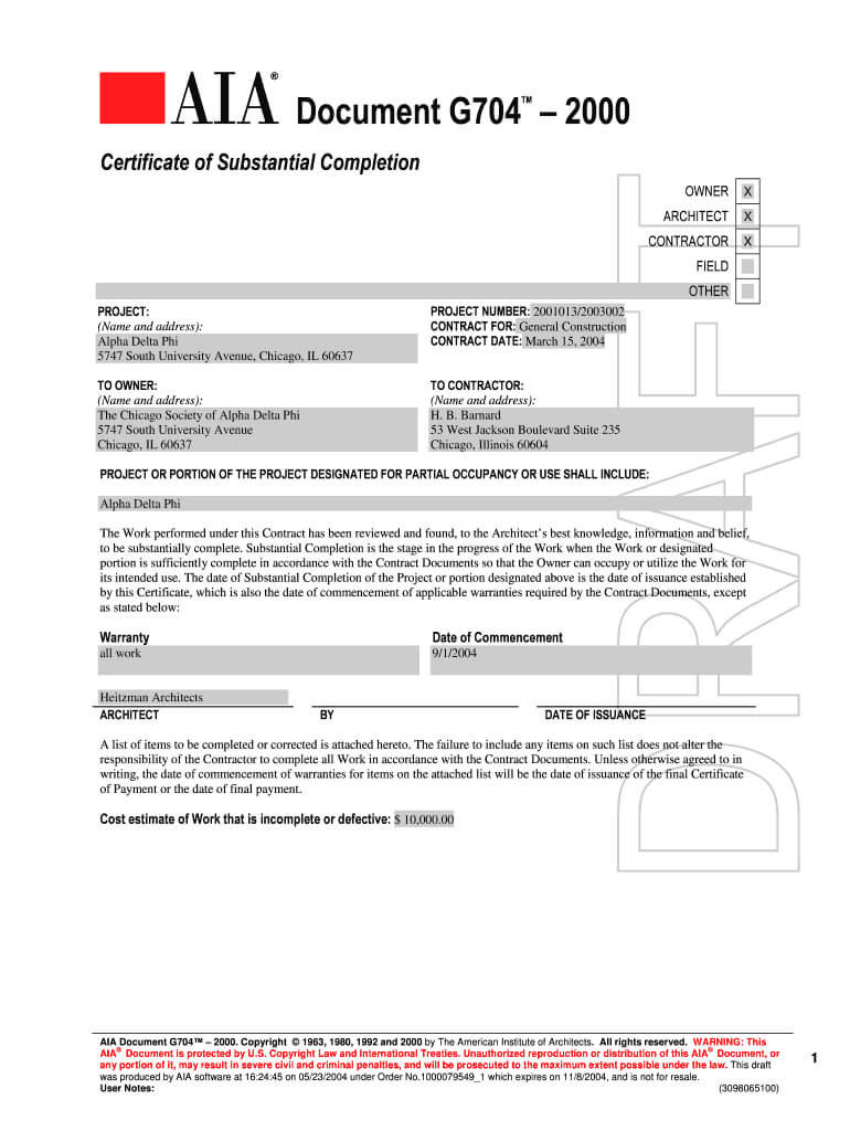 Aia G704 – Fill Online, Printable, Fillable, Blank | Pdffiller With Regard To Certificate Of Substantial Completion Template