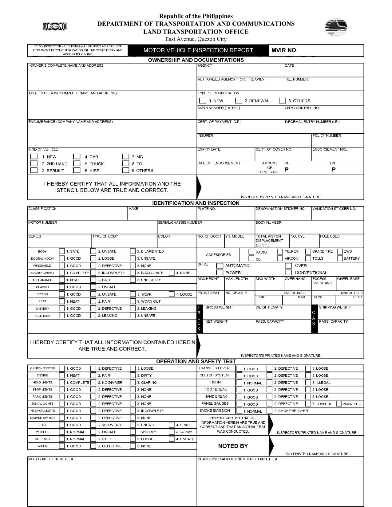 Annual Vehicle Inspection Report Template Free Form Driver's Throughout Vehicle Inspection Report Template